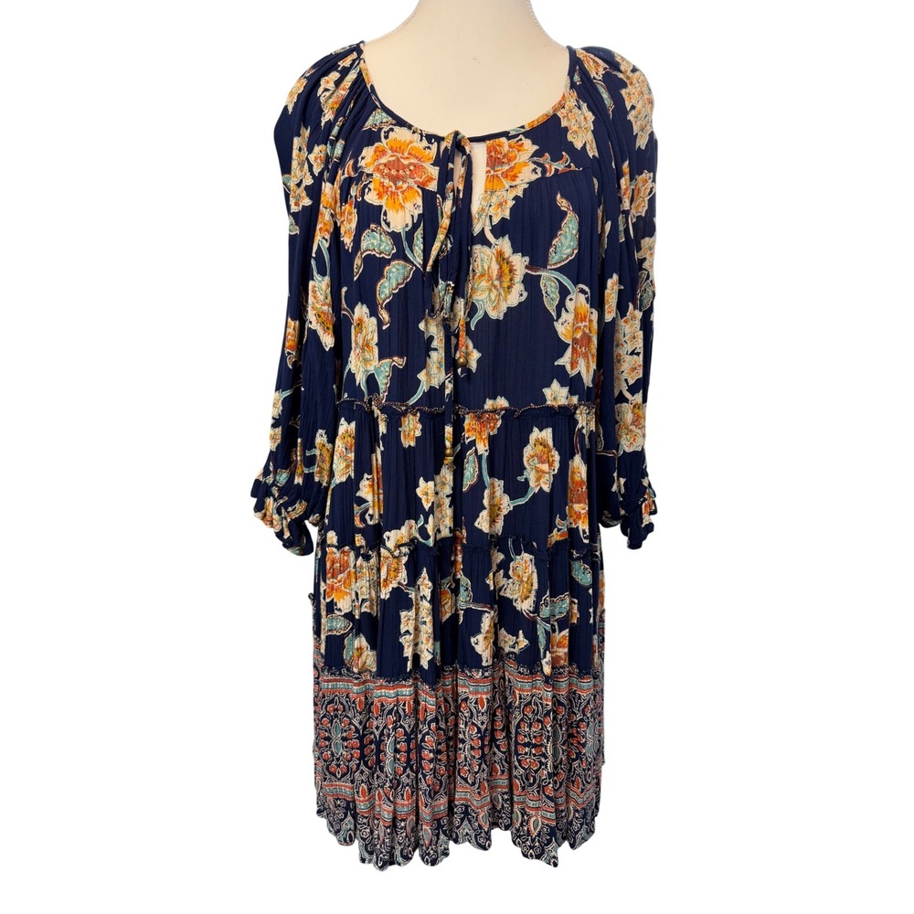 Angie Small Boho Floral Paisley Tiered Mini Dress Navy Blue Long Sleeve Flowy